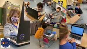 Photo montage of young students wearing face masks and working at laptop computers.