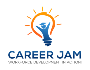 Career Jam logo featuring a yellow lightbulb encircling a scholar in bright blue.