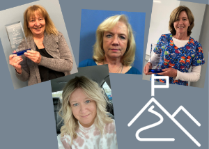 A montage of four photos of the women who are members of Capital Region BOCES rapid response team each smiling and holding their clear glass Commitment Awards, placed on a light gray background.