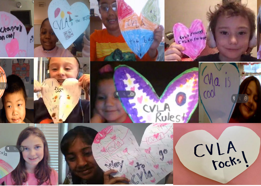 A photo montage of various young children, all looking at their web camera. Many are smiling and holding up paper hearts with colorful designs and words such as "I Love CVLA" and "CVLA Rocks"