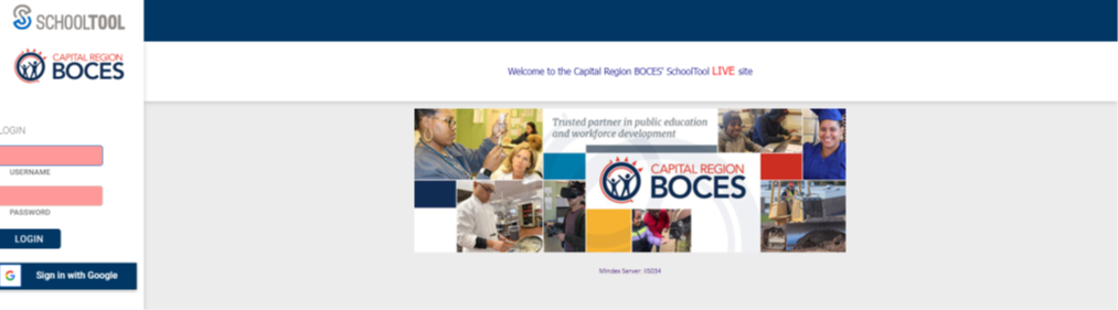 Screenshot of the School Tool log in portal. A compilation of photos with the Capital Region BOCES logo is in the middle of the page.