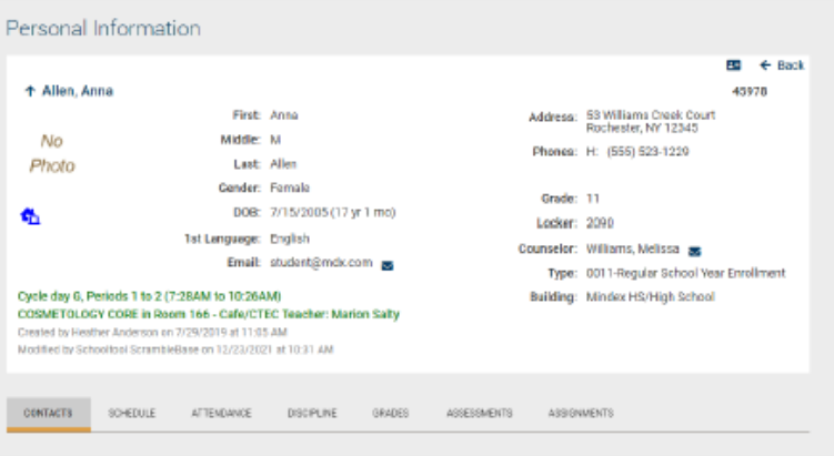 Student portal profile information with demographic and academic information.