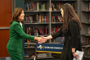 Capital Region BOCES District Superintendent Lauren Gemmill shakes hands with New York State Governor Kathy Hochul as she welcomes her to Tech Valley High School before the governor signs two bills into law on Thursday, Sept. 7.