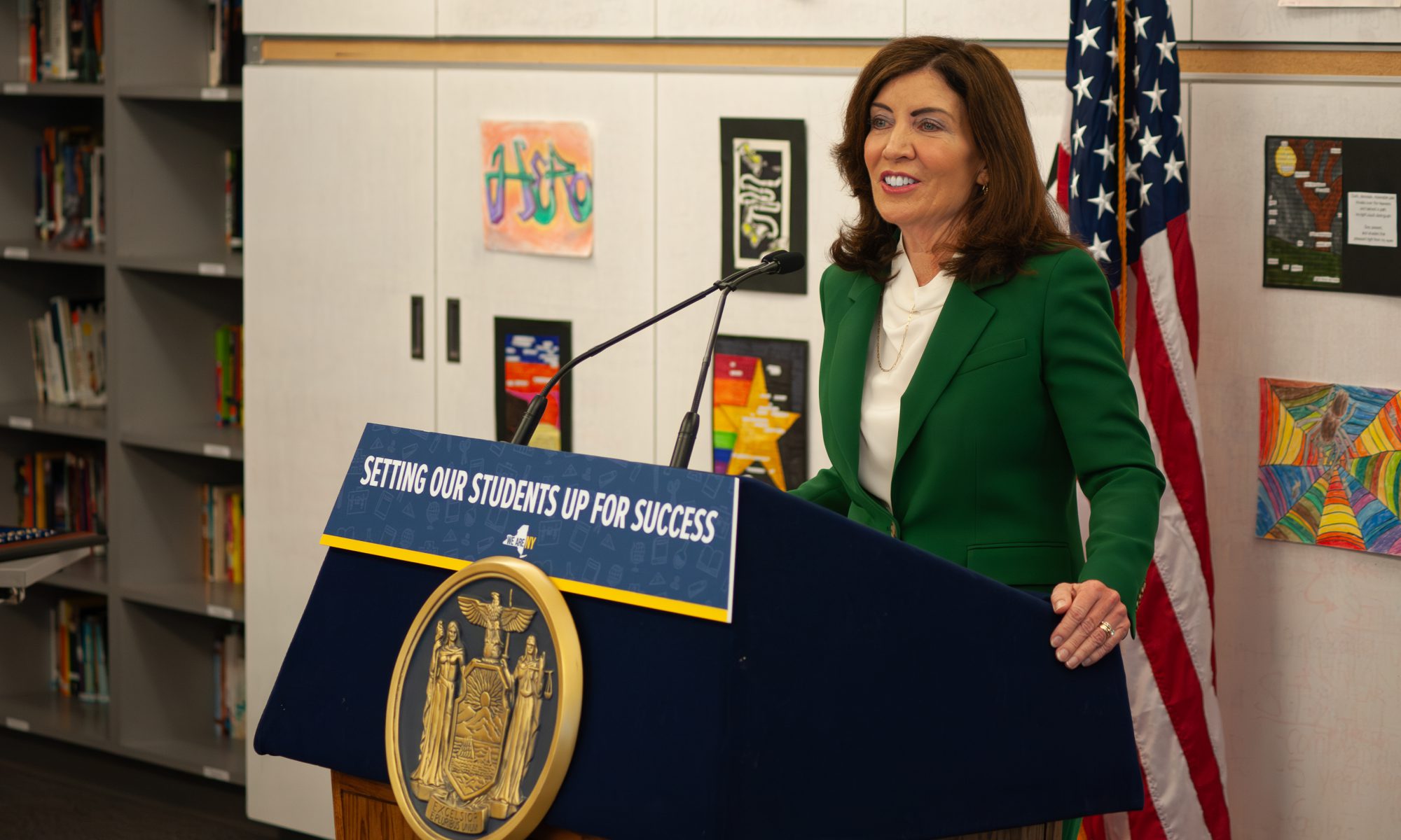 New York State Governor Kathy Hochul stands behind the dais as she speaks in front of members of the Tech Valley High School community during a visit on Thursday, Sept. 7.