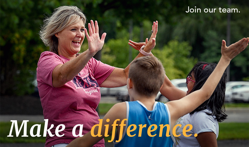Teacher and two young students with the headline join our team, make a difference.