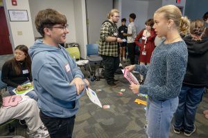 Two students have a one-on-one conversation during a breakout room session.