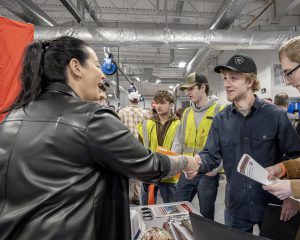 Connor Laurenty, senior at Scotia-Glenville in Auto Tech, shakes hands at Iron Workers Union at CRB Career Fair at Capital Region BOCES in Colonie on Thursday, March 19, 2026.