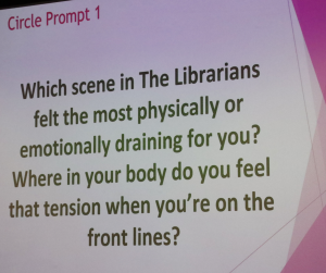 Close up photo of a discussion prompt that encourages attendees to think about how they respond to stress. 