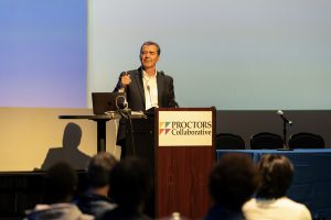 Photo of City Mission of Schenectady CEO and Executive Director Michael Saccocio as he delivers his keynote address.