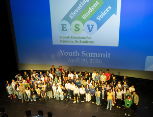 A group photo of approximately 100 students from 21 school districts from across the Capital Region at the fourth annual Elevating Student Voices (ESV) Youth Summit at Proctors Theatre on April 29. 