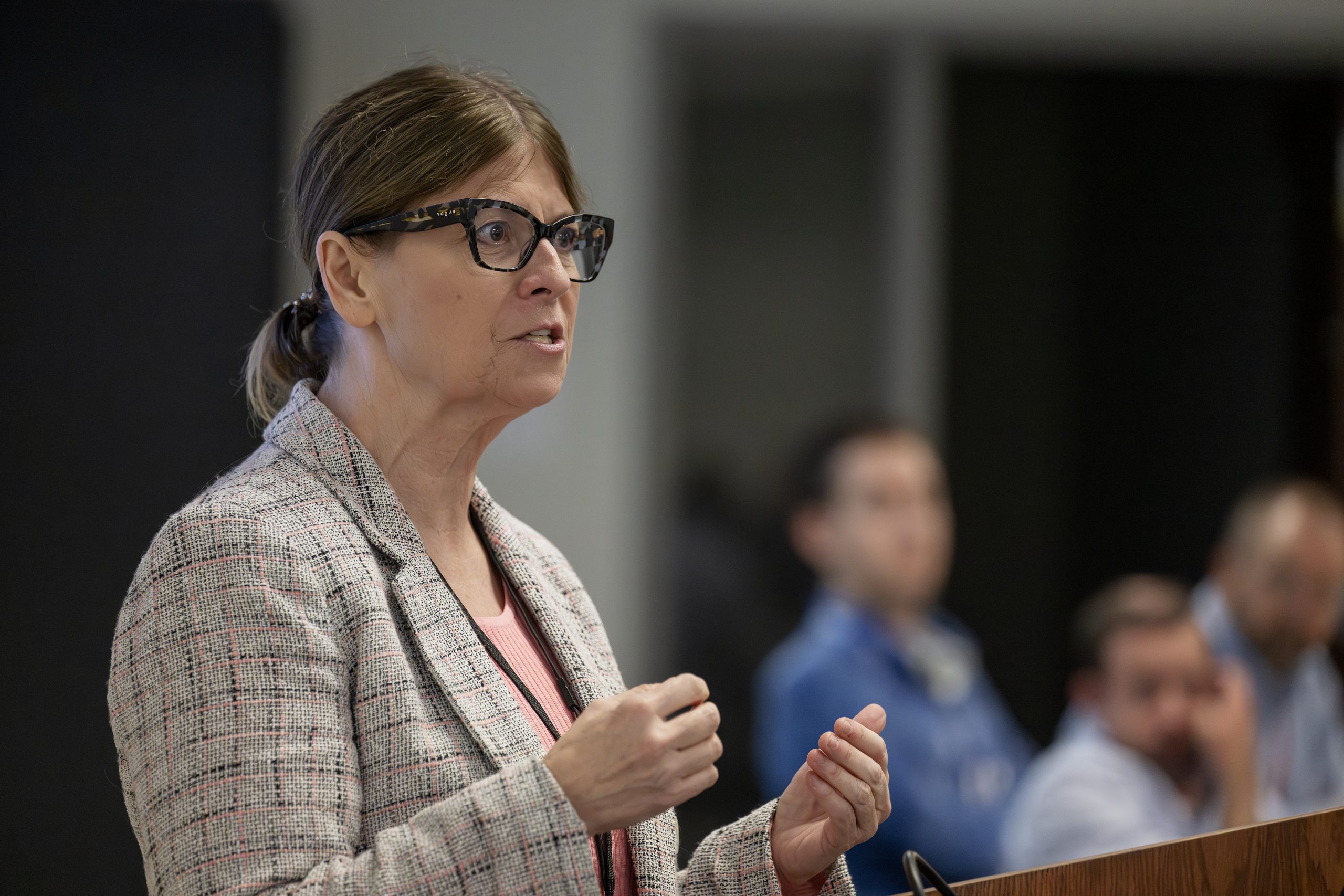 A woman is speaking to a room full of people