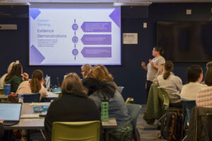 School librarians gather in the Albany Room at Capital Region BOCES for the Communications Coordinator meeting. Jennifer Case presents to the group about NY Inspires Portrait of a Graduate.